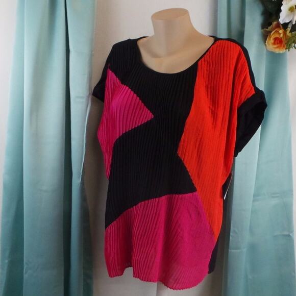 NY Collection Pleated Top 1X Color Block Cap Sleeve Career Plus Tunic Blouse New - Picture 2 of 8